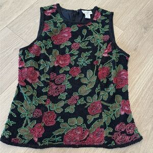 Vintage Paradise NY Large Silk Beaded Rose Sleeveless Top